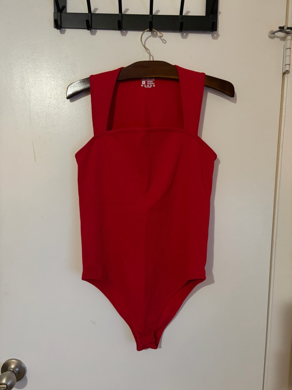 Red Ribbed Square-Neck Bodysuit